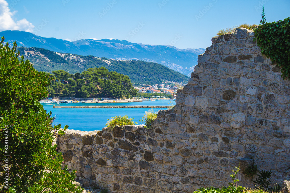 View of picturesque coast from town park Dorka in Rab town on Rab island, Croatia