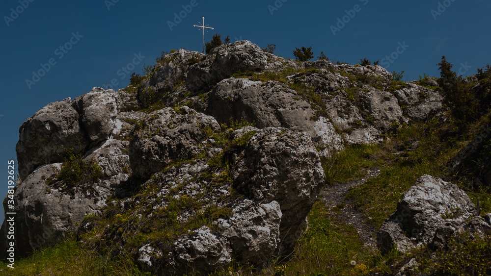 Fototapeta premium View of the Sokolich Mountains Reserve and rock stones in Olsztyn. A free space for an inscription