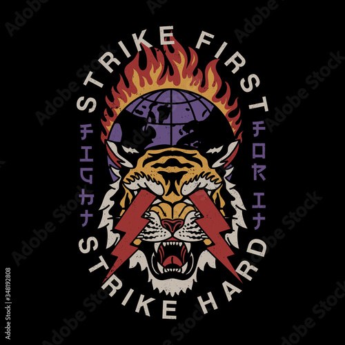 Lightning Eyes Tiger and Burning Globe Illustration with Slogans Vector Artwork for Apparel and Other Uses