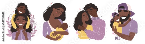 set clip art of a happy smiling black african american families isolated on white background