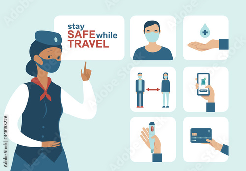 Airport safety guidance for travel by air during pandemic. Icon set for coronavirus COVID-19 outbreak. Stewardess character wearing protective medical mask.