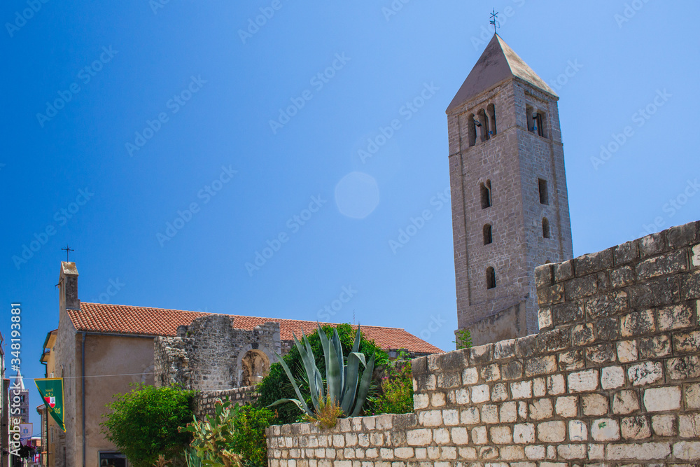 Bell tower of the Benedictine Monastery of St. Andrew in Rab town on Rab island, Croatia