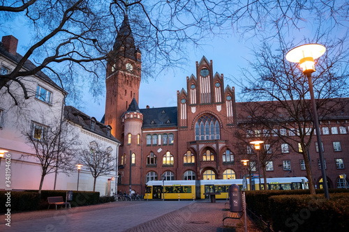 City hall clock tower street view evening of district Köpenick in Berlin, Germany