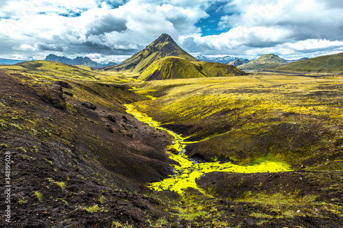 A green mountain and a river of moss on the 54 km trek from Landmannalaugar, Iceland