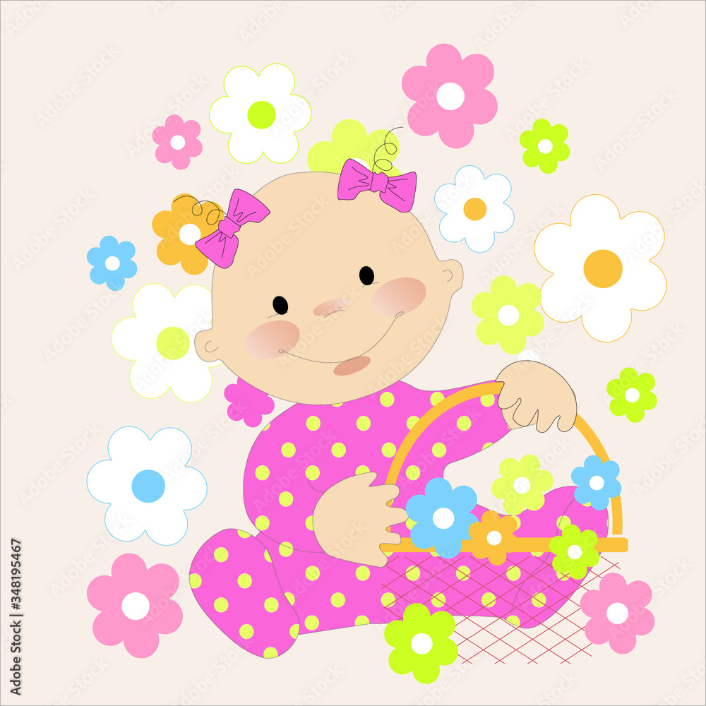 Happy little baby girl and basket of flowers vector character illustration Happy little baby girl and basket of flowers vector character illustration