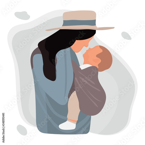 Happy young Mom in scarf for holding her little cute baby. Happy Mother`s Day Greeting Card. Vector stock illustration of motherhood and care about kids.