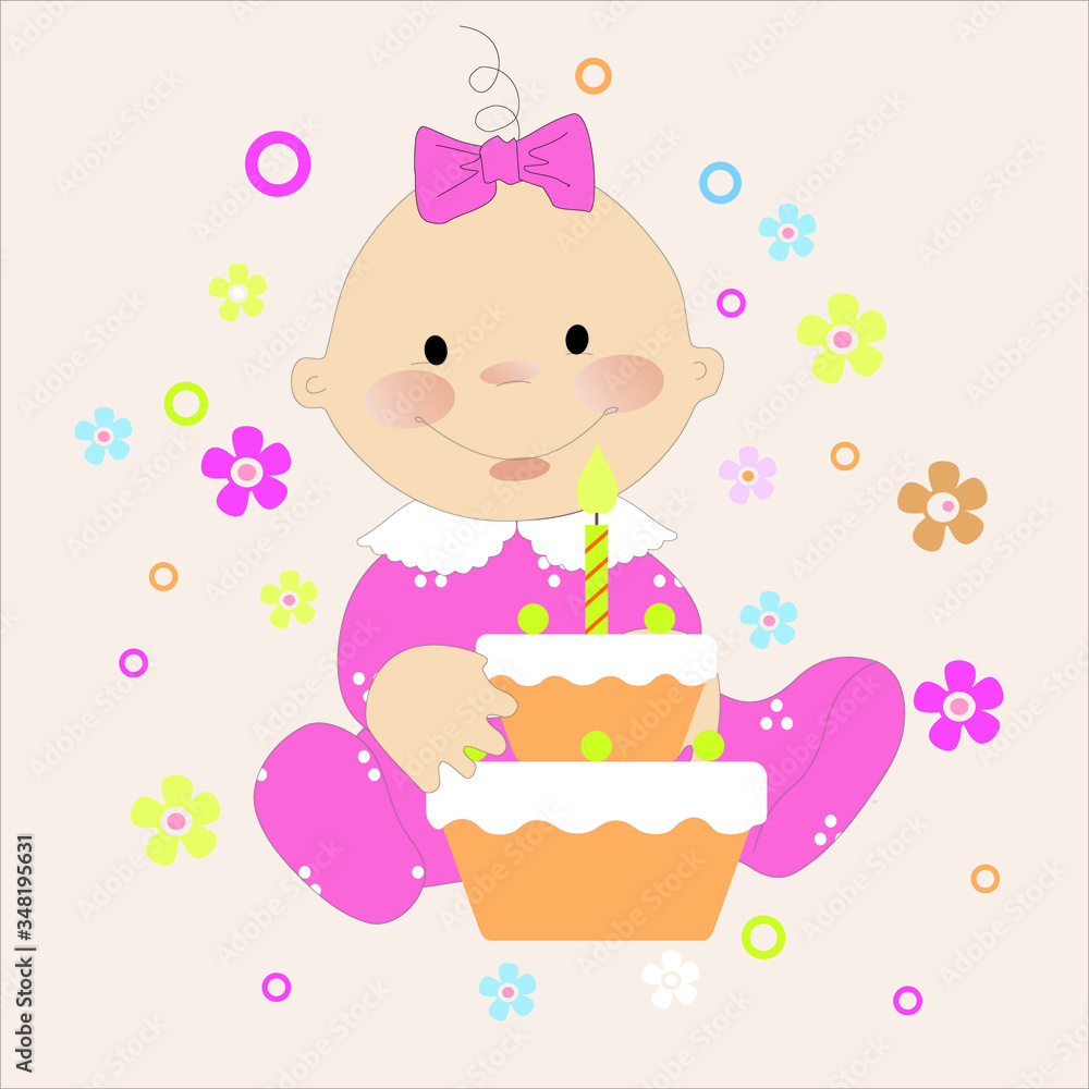 Funny happy birthday little baby girl vector character illustration Funny happy birthday little baby girl vector character illustration