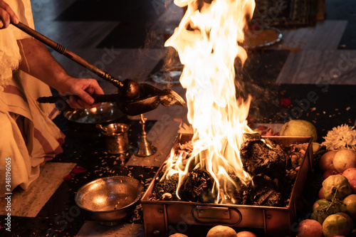 items for the Indian Yajna ritual. Indian Vedic fire ceremony called Pooja. A ritual rite, for many religious and cultural holidays and events in the Indian tradition. Hindu wedding vivah Yagya photo