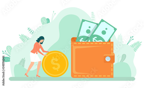 Woman holding coin, cash with dollars, landscape view. Worker earning money, currency in purse, investment and profit, finance element of decoration vector
