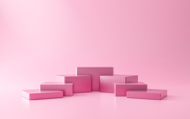 Pink pedestal of stairs or podium stand on pink background with cosmetics product presentation concept. Modern pink luxurious display. 3D rendering.