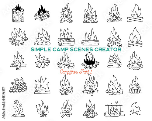 Vintage hand drawn campfires icons bundle. Simple bonfires line art graphics. Adventure symbols. Stock vector isolated travel elemens and symbols photo
