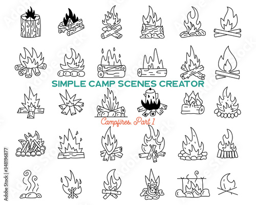 Vintage hand drawn campfires icons bundle. Simple bonfires line art graphics. Adventure symbols. Stock vector isolated travel elemens and symbols