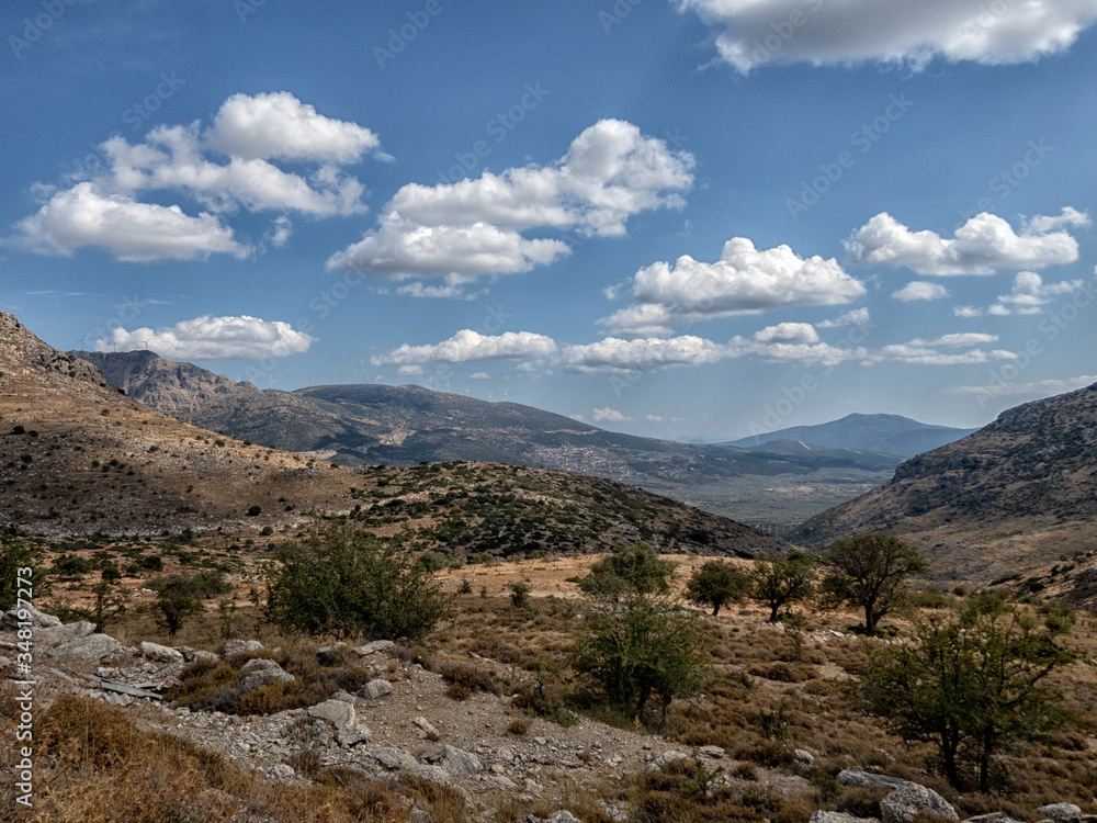 the picturesque surroundings of the Peloponnese peninsula in Greece. Landscape, view of historic buildings, mountain landscape panorama of the Peloponnesian Peninsula in Greece,