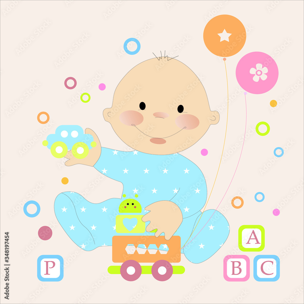 Happy little baby boy and toys vector character illustration