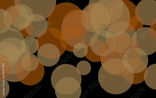 Multicolored translucent circles on a dark background. Yellow tones. 3D illustration