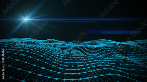 Abstract Blue Technology Digital Dot Lines Mesh Wave With Glowing Light Effect Lens Flare Background