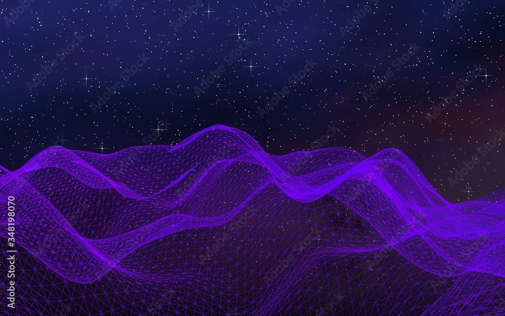 Fototapeta premium Abstract ultraviolet landscape on a dark background. Purple cyberspace grid. hi tech network. Outer space. Violet starry outer space texture. 3D illustration