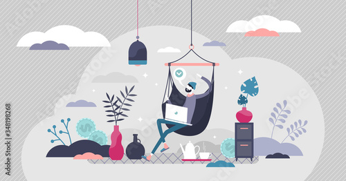 Remote work vector illustration. Work from home flat tiny persons concept.