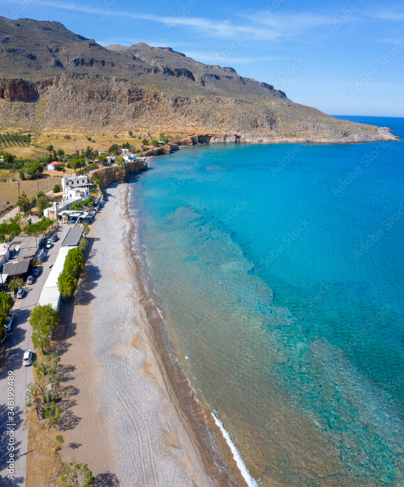The peaceful village of Kato Zakros at the eastern part of the island of Crete with beach and tamarisks, Greece