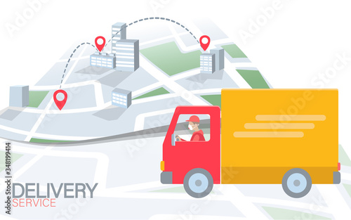 3D map point location business symbol. Realistic icon polygonal delivery worldwide truck car. Shipping online shopping direction city address position pin vector illustration