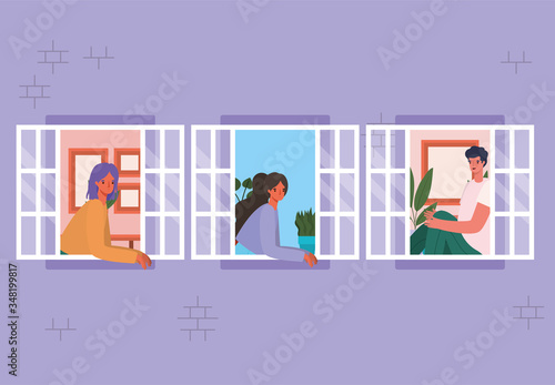 People looking out the windows from purple house vector design