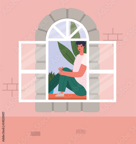 Man looking out the window from pink house vector design
