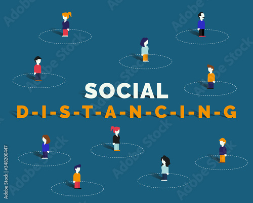Vector illustration of social distancing concept. A group of people with a security area around them to fight the coronavirus