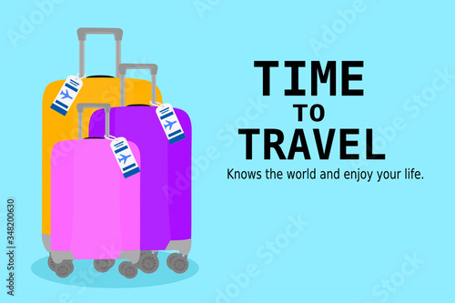 Time to Travel text. The 3 Luggages with different size has color pink, purple and orange. Suitcase with airline tag. around the World, Road trip vacation. Tourism, Journey, family together concept. 