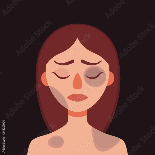 Sad young woman with bruises and wounds on a dark background.Concept of domestic violence, sexual abuse in the family, bullying, social problem, aggression against women.Vector cartoon illustration
