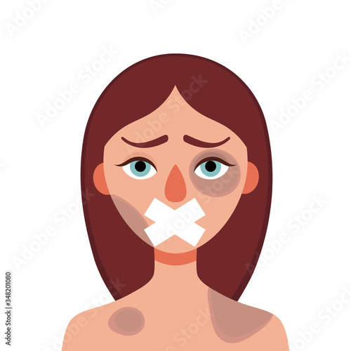 Sad young woman with bruises and wounds with a closed mouth on a white background.Concept of domestic violence, sexual abuse in the family, bullying, silence and fear .Vector cartoon illustration