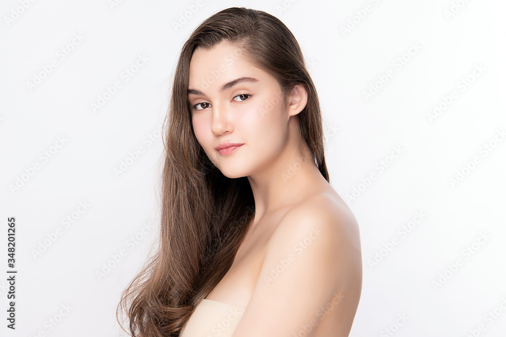 Beautiful Young Woman with Clean Fresh Healthy Skin, Facial treatment. Cosmetology, beauty and spa, isolated on white background Beautiful Young Woman with Clean Fresh Healthy Skin, Facial treatment. Cosmetology, beauty and spa, isolated on white background