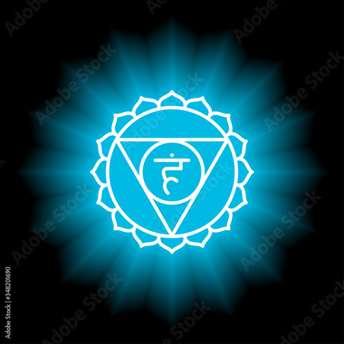 Vishuddha icon. The fifth guttural chakra. Vector blue gloss and shine. Line symbol. Sacral sign. Meditation