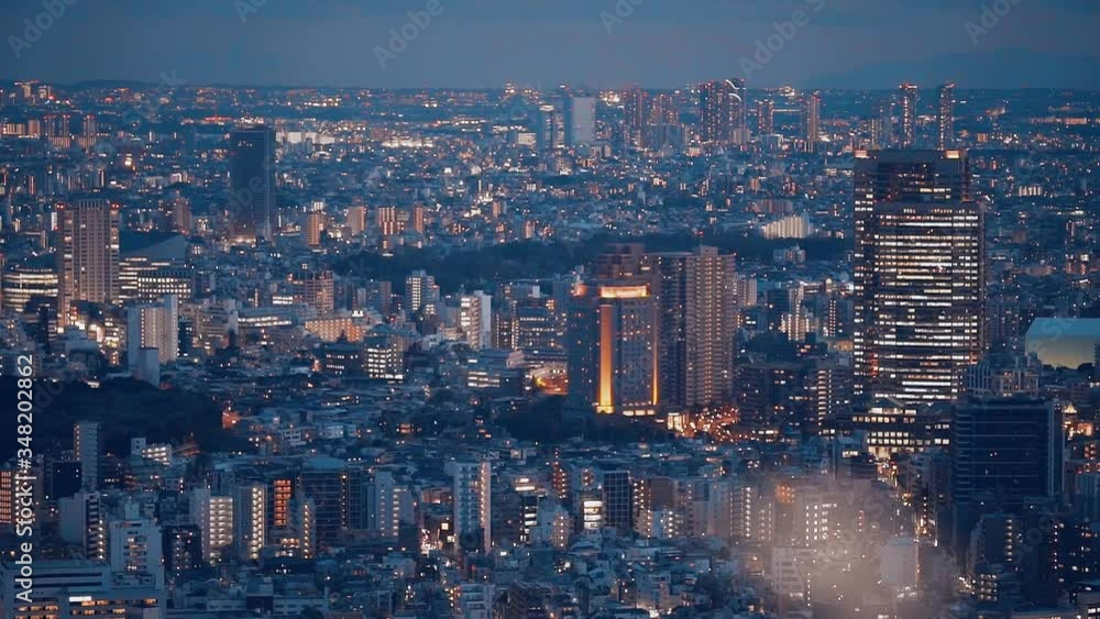 Tokyo night skyline. City of Tokyo view from hotel window. Blue night and orange red colors contrast. Aerial view from above Tokyo night skyline. City of Tokyo view from hotel window. Blue night and orange red colors contrast. Aerial view from above
