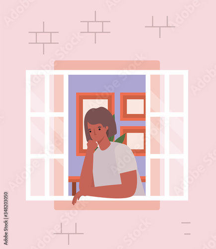 Woman looking out the window from pink house vector design