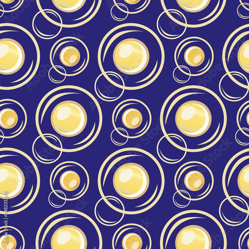 Champagne bubbles vector seamless pattern background. Hand drawn fizzy droplets indigo gold backdrop. Elegant sparkling, effervescent repeat illustration. All over print for party celebration concept