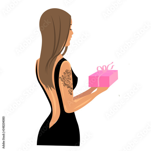 A girl in a black elegant dress.TATTOO ON THE SHOULDER. the woman has her back to me. the lady is holding a GIFT in a box. vector illustration on a white background.surprise for the lady.