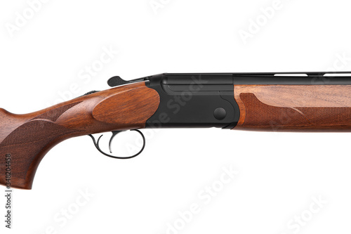 Classic vertical double-barreled hunting rifle isolate on a white back. Smoothbore weapon with a wooden butt for hunting, sports and self-defense.