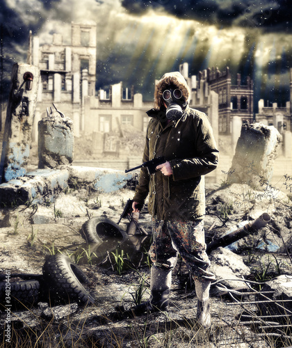 Bilde på lerret Apocalypse doomsday survivor man in gas mask in ruined city