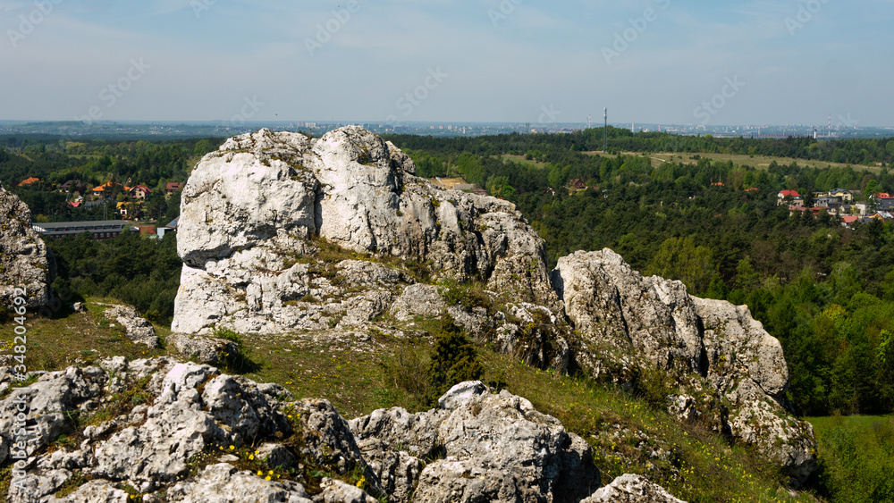 View of the Sokolich Mountains Reserve and rock stones in Olsztyn. A free space for an inscription