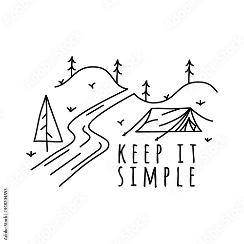 Vintage keep it simple logo design. Outdoor adventure line art scene, hiking landscape. River landscape label with tent, Silhouette concept. Stock vector badge