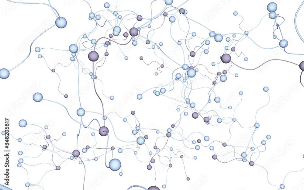 Neural network. Social network. Futuristic dna, deoxyribonucleic acid. Abstract molecule, cell illustration, mycelium. White background. 3D illustration