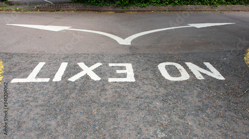 No Exit painted white onto the road and viewed upside down with a split arrow indicating alternative directions