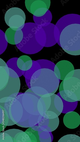 Multicolored translucent circles on a dark background. Green tones. 3D illustration