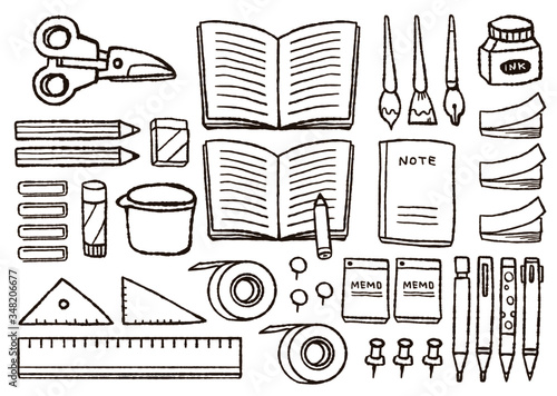 可愛い文房具の線画。手書き風。