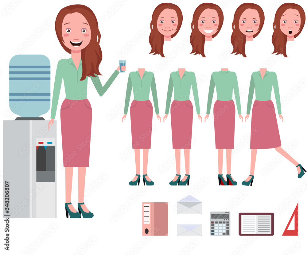 Businesswoman drinking water from cooler character set with different poses, emotions, gestures. Part of body, folder, diary, calculator. Can be used for topics like lifestyle, office, secretary