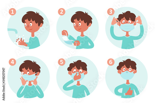 A boy shows how to wear a facial single-use medical mask. Cartoon hand-drawn instructions. Icons isolated on white background.
