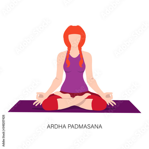Yogi woman in Ardha padmasana or Yoga Lotus pose. Female cartoon character practicing Hatha yoga. Girl demonstrating exercise during gymnastics training. Flat vector illustration.