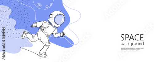 Astronaut run in space. One line drawing. Continuous line. Minimalistic graphics.