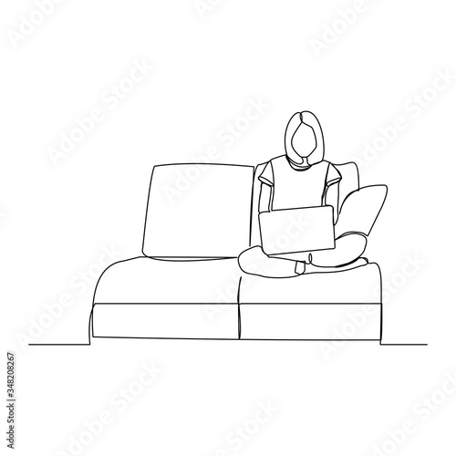 continuous line drawing of woman work from home at sofa with laptop. single line art of remote worker. Vector illustration