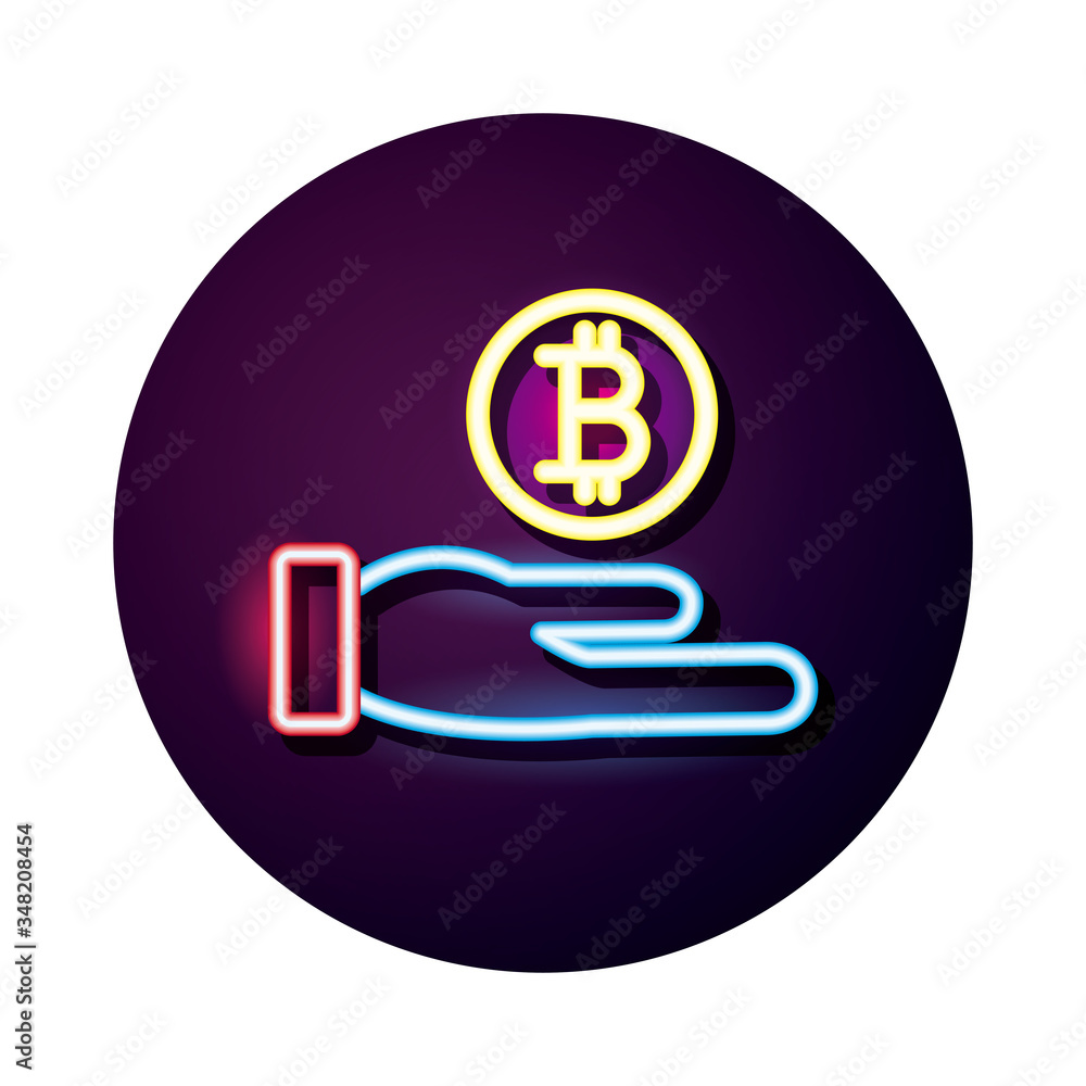 hand lifting bitcoin crypto currency neon style icon hand lifting bitcoin crypto currency neon style icon